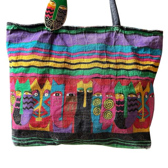 Laurel Burch Cat Tote Bag Extra Large ~ Cats Stripes Charm ~ 21 x 14 x 8 - Picture 1 of 16